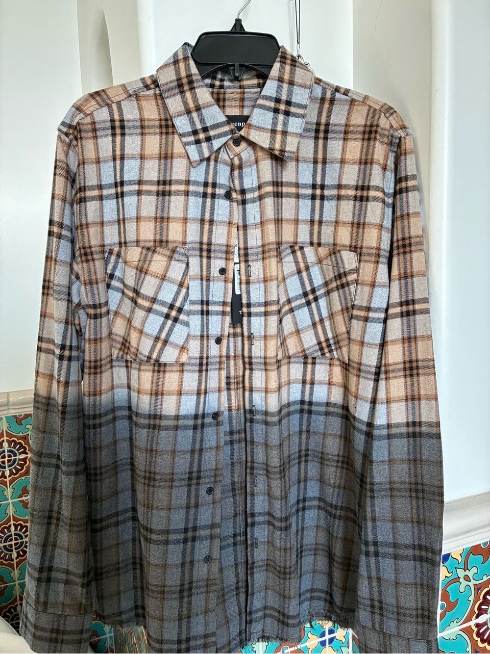 Eleven Paris Plaid Flannel Shirt in Beige, Gray & Black